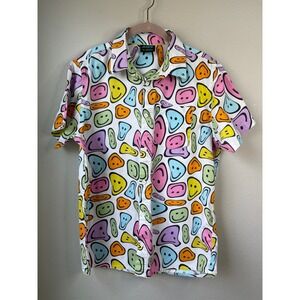 ALab Button Down Shirt White Multi Color Smiley Face Print Short Sleeve Mens M